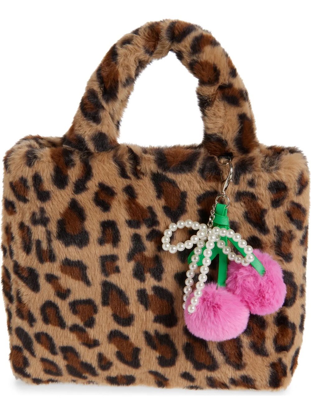 OMG Accessories Girls Leopard Faux Fur Mini Tote Purse Bag Cherry Pom Pom NWT